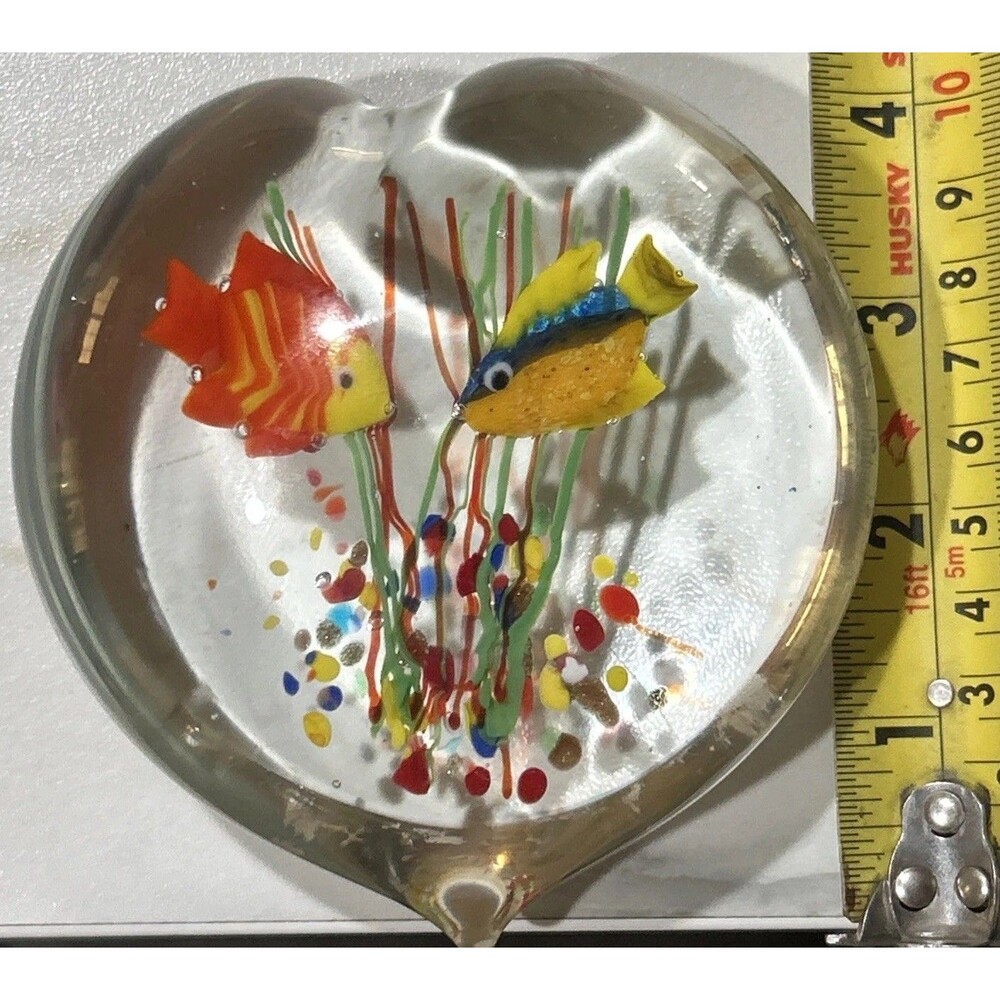 Vintage Murano Glass Aquarium Heart-Shaped Paperweight 2 Fish Valentine Gift